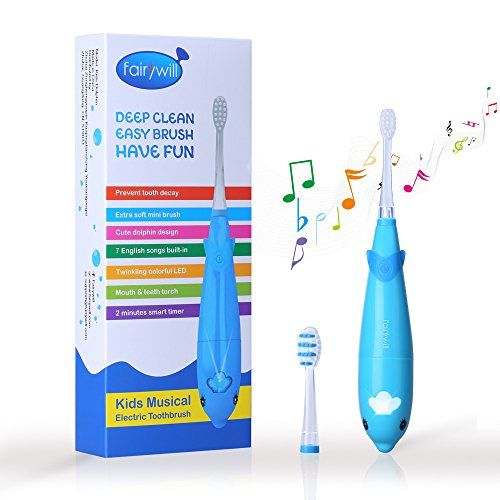 Fairywill cepillo de dientes eléctrico infantil con música inglesa,a pilas,cepillo electrico dientes sonico impermeable 2 cabezas de repuesto para niños,blue.