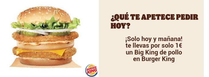 Solo hoy y mañana te llevas por solo 1€ un Big King de pollo en Burger King pic